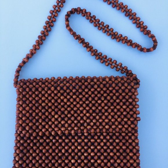 Vintage Hand Made Brown Wood Beaded Evening Shoulder Handbag Long Strap Bag - Picture 2 of 12
